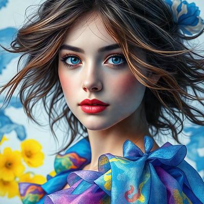 The primary subject of the image is a woman with long, flowing hair and a blue dress. She is wearing makeup and has a pink lipstick. The setting is a flower-filled background, which adds a vibrant and lively atmosphere to the scene. The visual style of the image is a digital art or illustration, showcasing the woman's beauty and the vivid colors of the flowers. The overall mood of the image is one of elegance and grace, with the woman as the foc